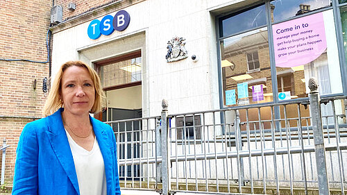 Helen Morgan outside Whitchurch TSB