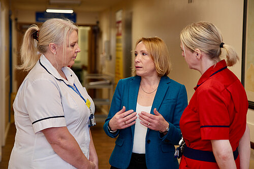 Helen talking to nurses at a local hospital