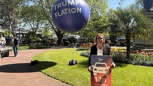 Helen Morgan MP with Trumpflation balloon